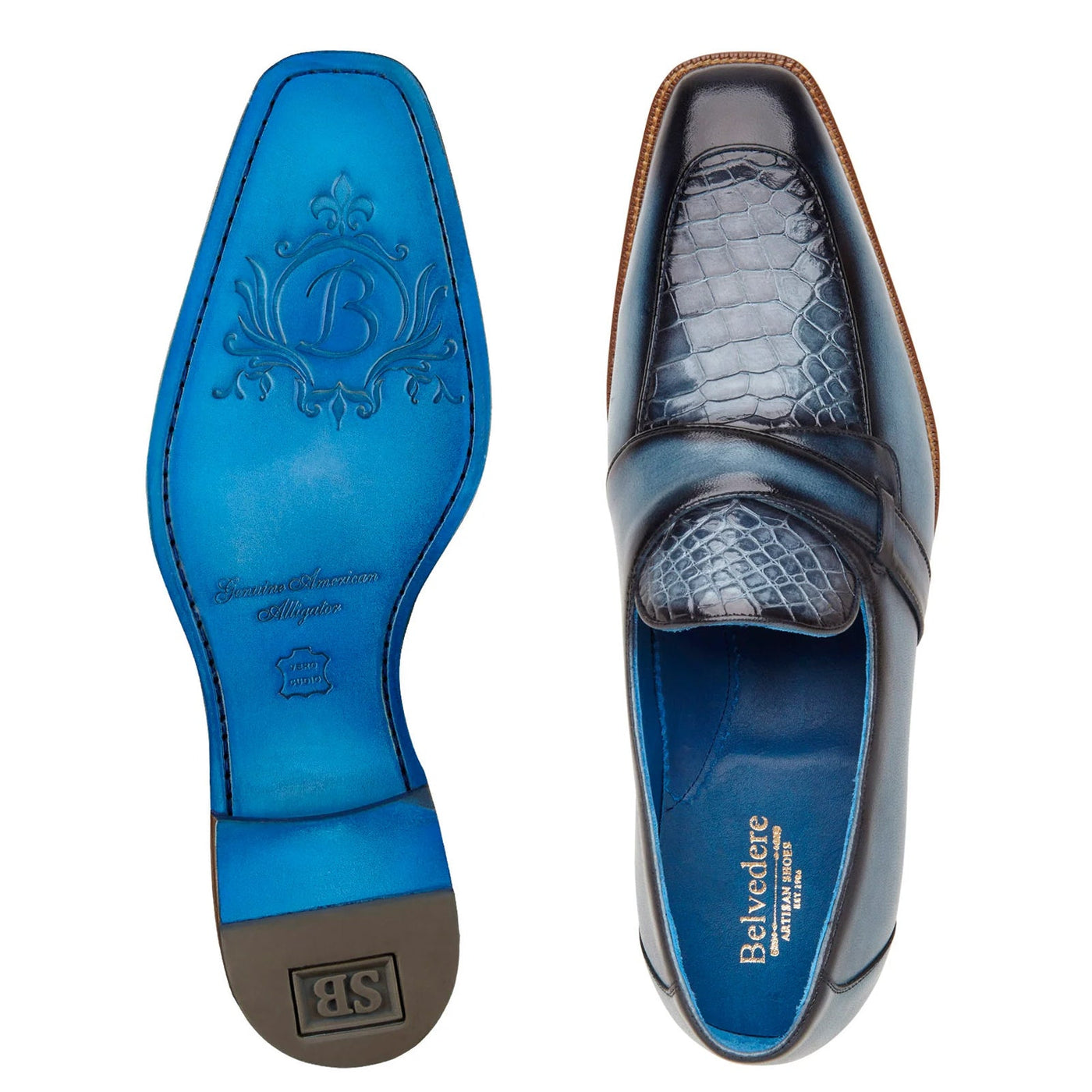Men's Belvedere Tornado Alligator & Calfskin Slip On Dress Loafer in Blue Jean