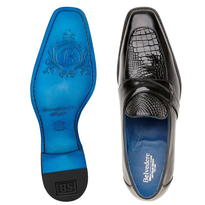 Men's Belvedere Tornado Alligator & Calfskin Slip On Dress Loafer in Black