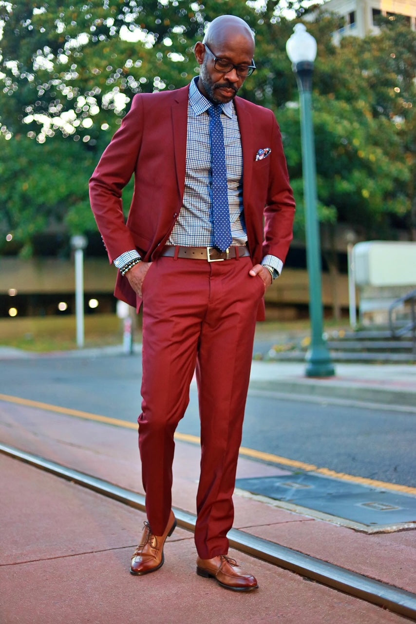 Men's Basic 2 Button Slim Fit Wedding Suit in Burgundy 50 Long / Burgundy