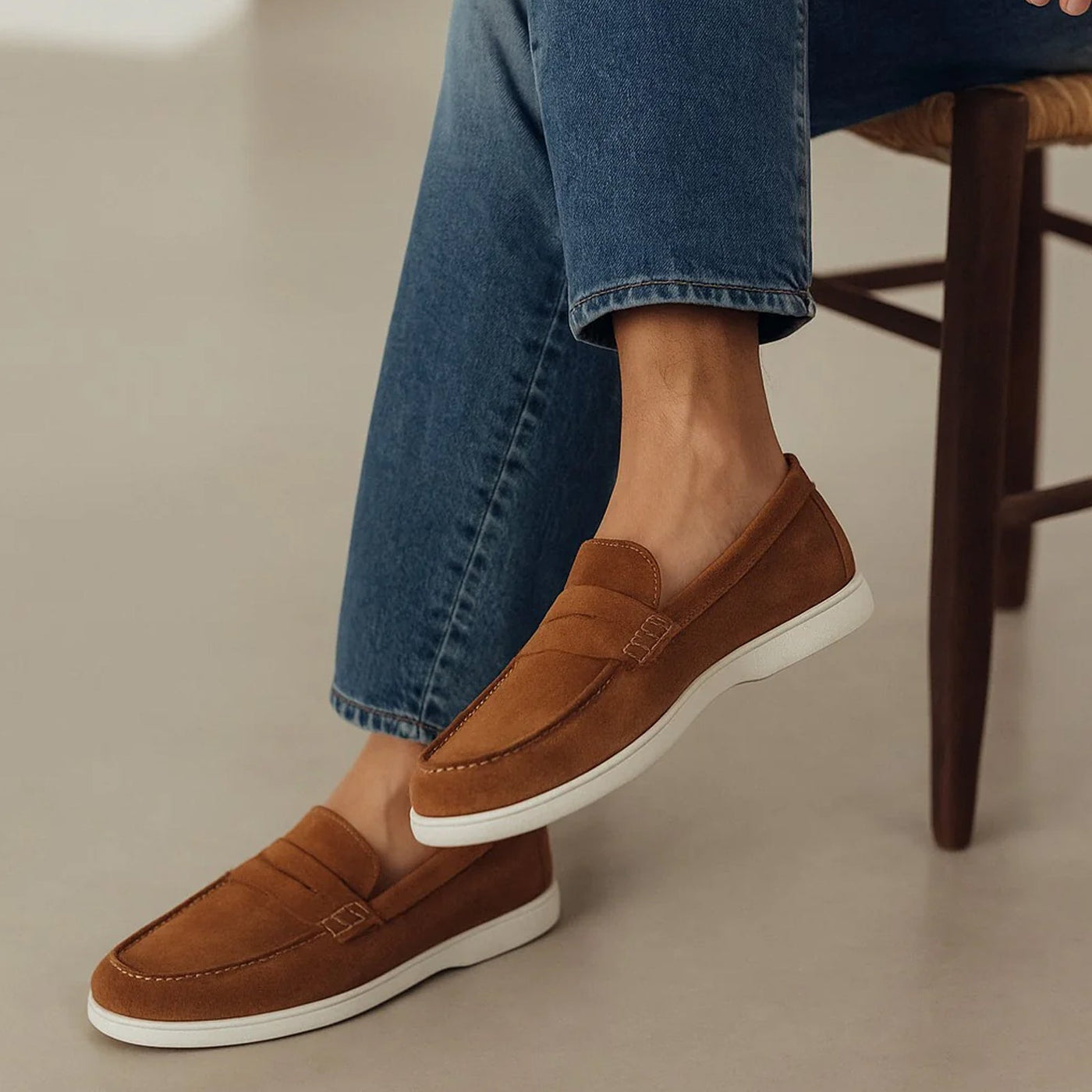 Men's Belvedere Niko Italian Suede Casual Slip on Penny Loafer in Bourbon