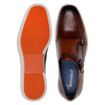 Men's Belvedere Marcio Nappa Leather Double Monkstrap Casual Dress Shoe in Cognac