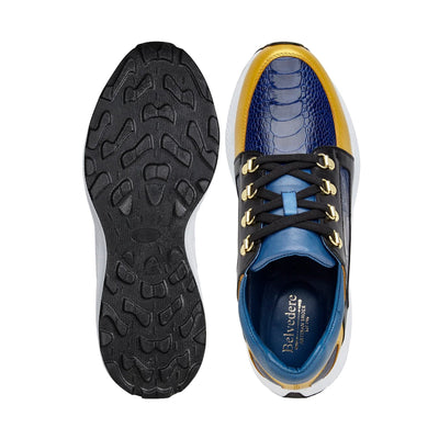 Men's Belvedere Adam Ostrich & Italian Calfskin Sneaker in Gold, Blue & Black