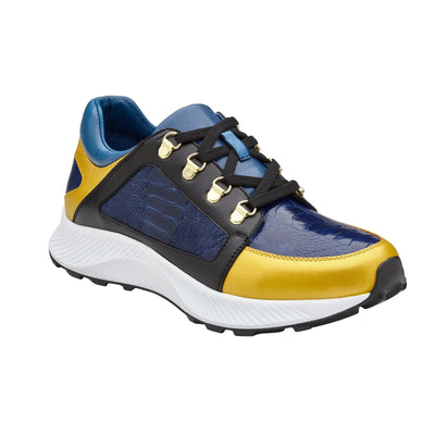 Men's Belvedere Adam Ostrich & Italian Calfskin Sneaker in Gold, Blue & Black