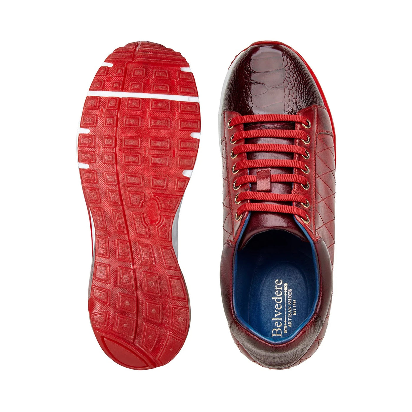 Men's Belvedere Sacco Ostrich Leg & Quilted Calf Leather Dress Sneaker in Burgundy & Cherry