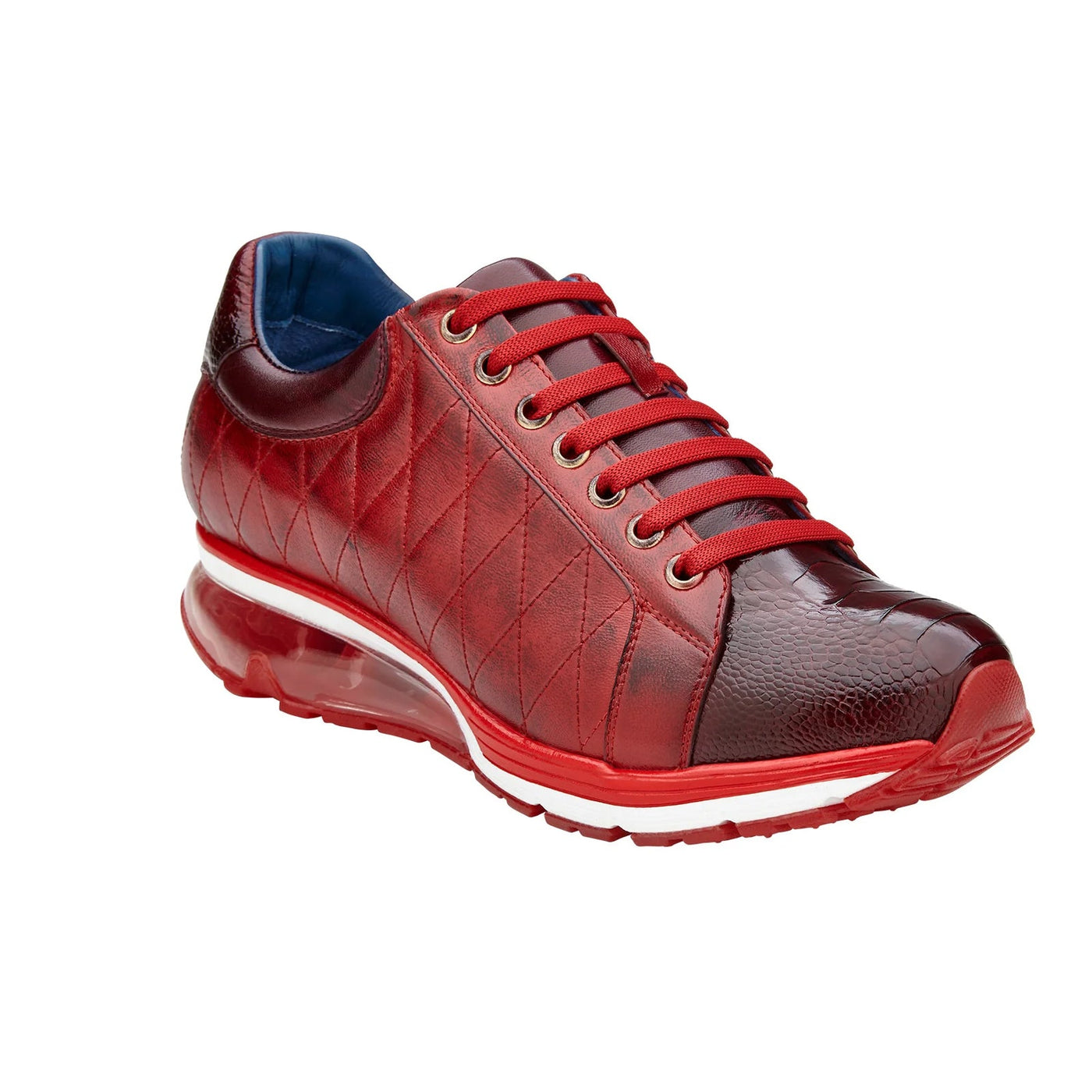 Men's Belvedere Sacco Ostrich Leg & Quilted Calf Leather Dress Sneaker in Burgundy & Cherry