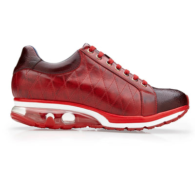 Men's Belvedere Sacco Ostrich Leg & Quilted Calf Leather Dress Sneaker in Burgundy & Cherry