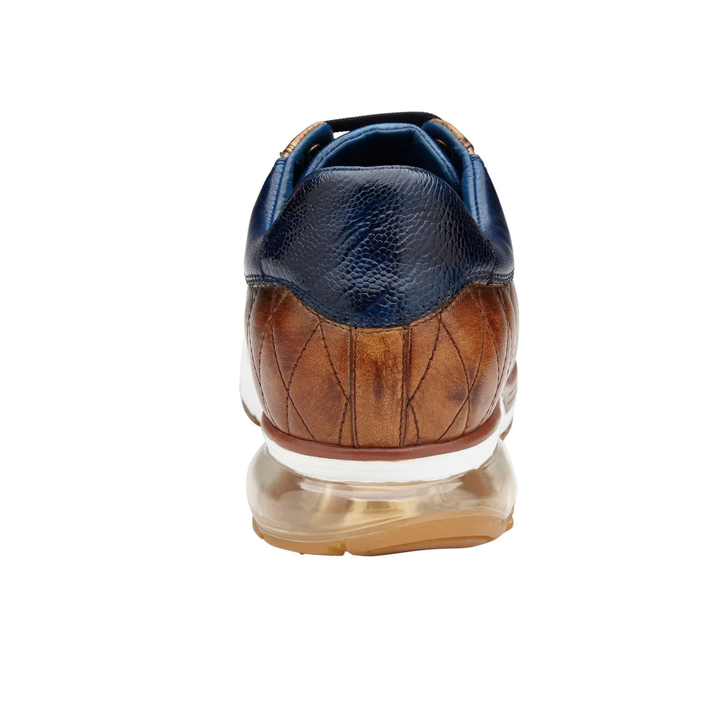 Men's Belvedere Sacco Ostrich Leg & Quilted Calf Leather Dress Sneaker in Navy & Saddle Tan