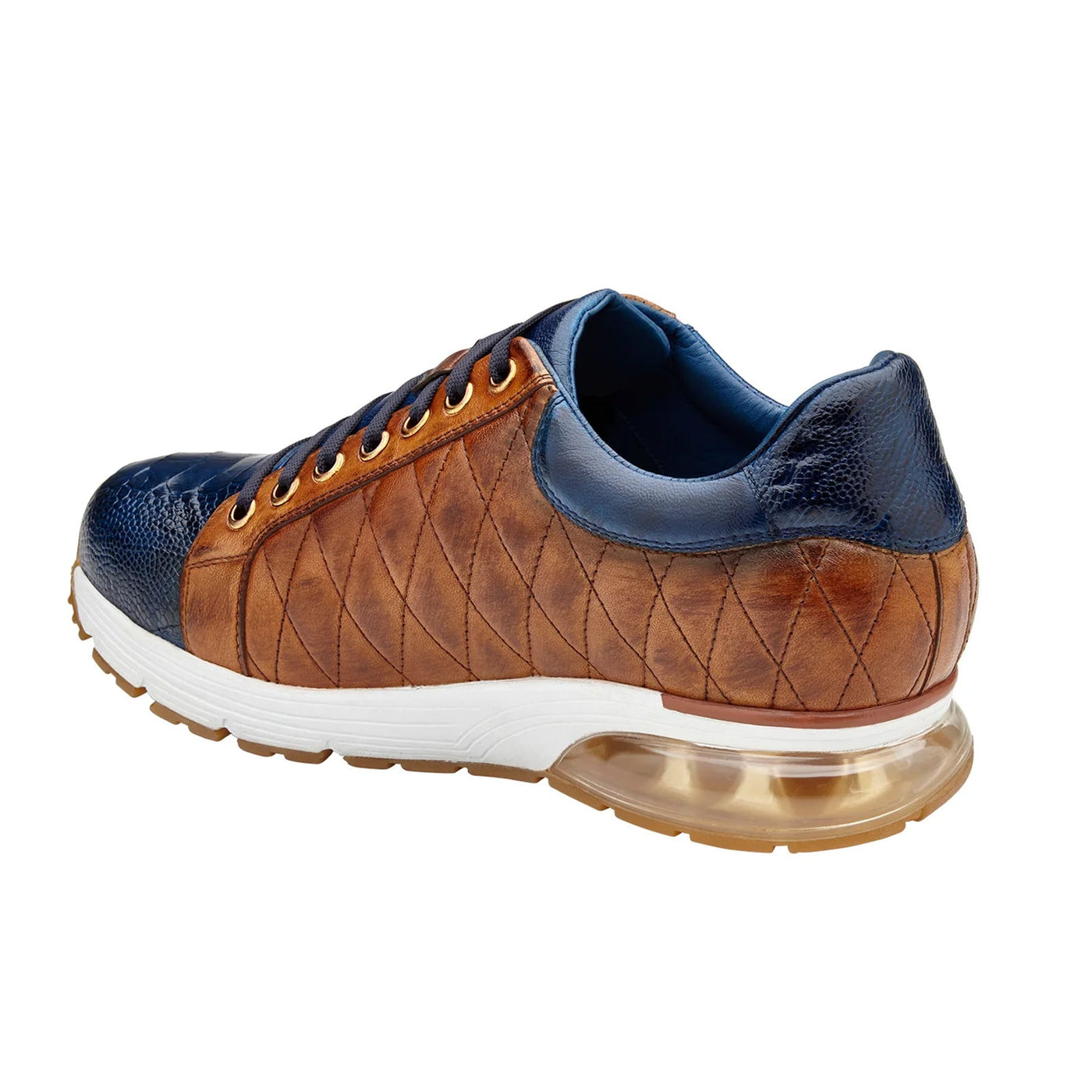 Men's Belvedere Sacco Ostrich Leg & Quilted Calf Leather Dress Sneaker in Navy & Saddle Tan