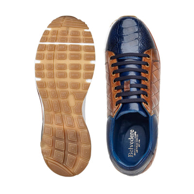 Men's Belvedere Sacco Ostrich Leg & Quilted Calf Leather Dress Sneaker in Navy & Saddle Tan