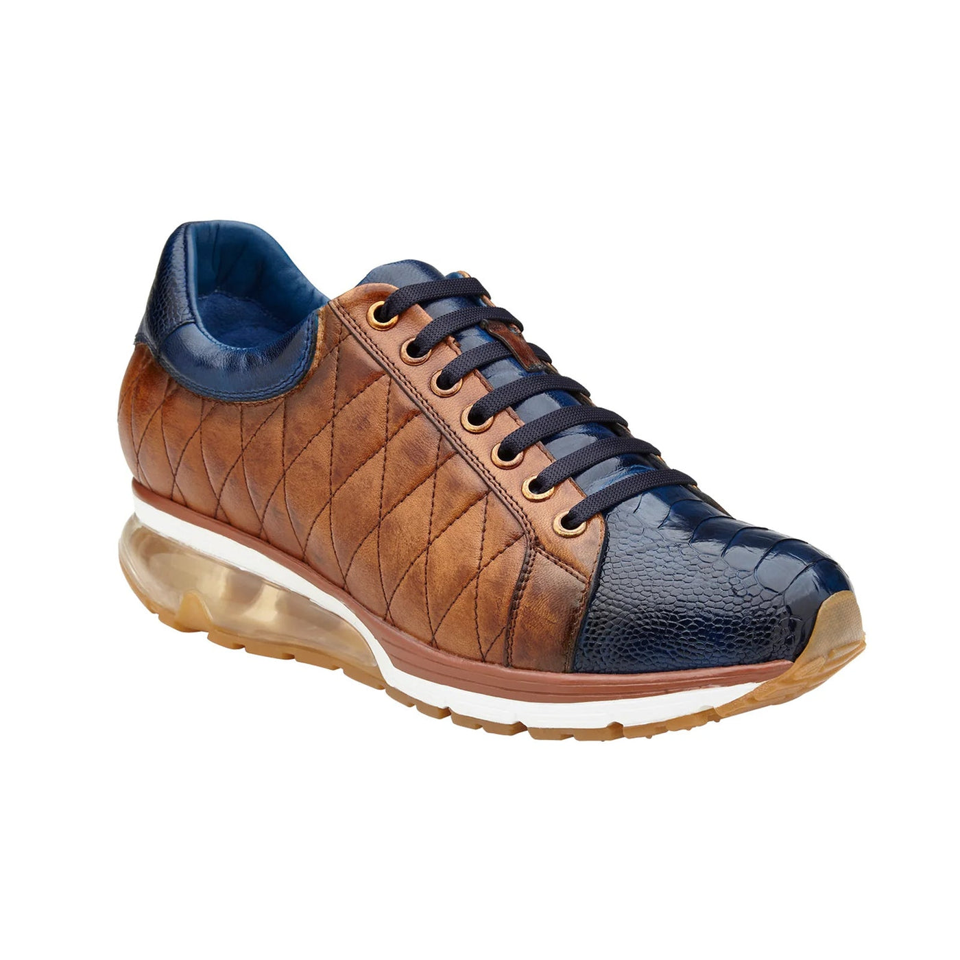 Men's Belvedere Sacco Ostrich Leg & Quilted Calf Leather Dress Sneaker in Navy & Saddle Tan