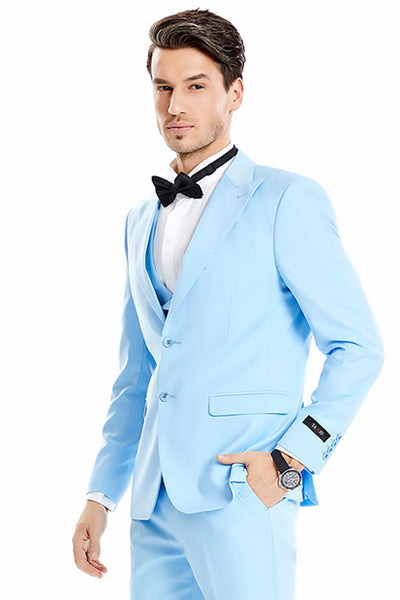 Men's Two Button Vested Peak Lapel Pastel Wedding & Prom Suit in Sky Blue