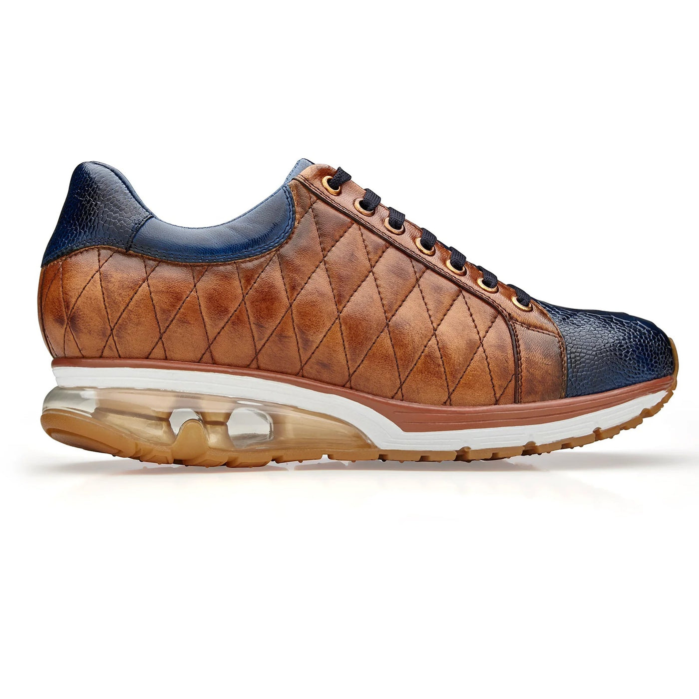 Men's Belvedere Sacco Ostrich Leg & Quilted Calf Leather Dress Sneaker in Navy & Saddle Tan