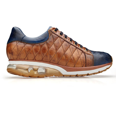 Men's Belvedere Sacco Ostrich Leg & Quilted Calf Leather Dress Sneaker in Navy & Saddle Tan