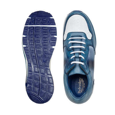 Men's Belvedere Gino Ostrich Leg & Italian Calf Leather Dress Sneaker in Blue & White