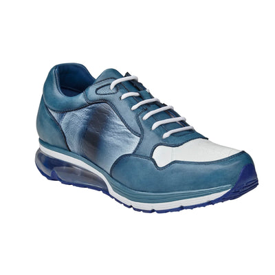 Men's Belvedere Gino Ostrich Leg & Italian Calf Leather Dress Sneaker in Blue & White