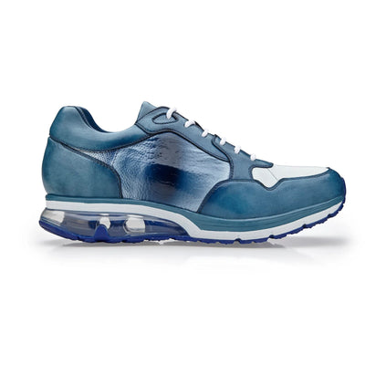 Men's Belvedere Gino Ostrich Leg & Italian Calf Leather Dress Sneaker in Blue & White