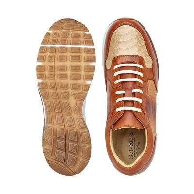Men's Belvedere Gino Ostrich Leg & Italian Calf Leather Dress Sneaker in Brandy & Bone