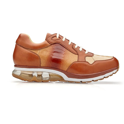 Men's Belvedere Gino Ostrich Leg & Italian Calf Leather Dress Sneaker in Brandy & Bone