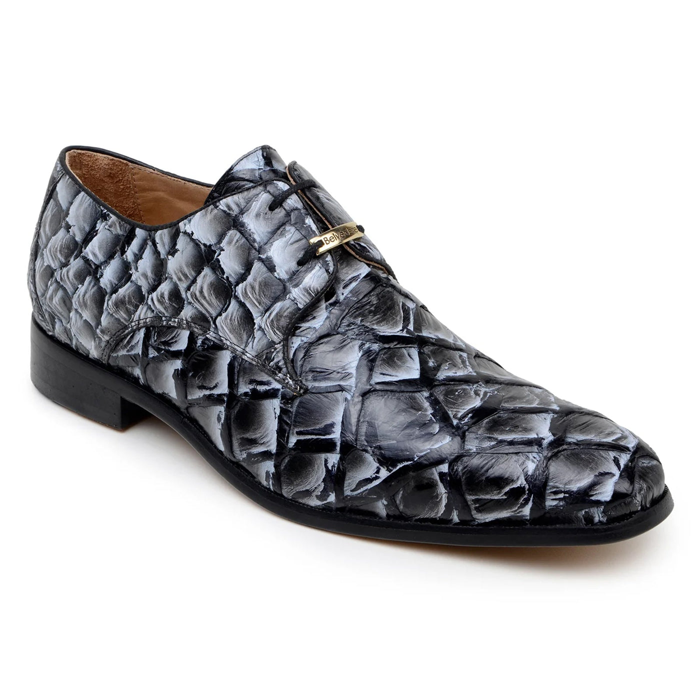 Men's Belvedere Renzo Genuine Pirarucu Lace Up Derby Dress Shoe in Ivory & Black