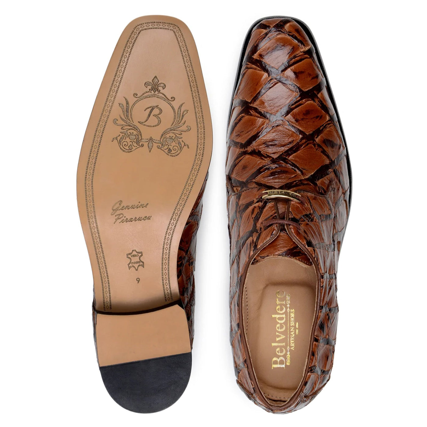 Men's Belvedere Renzo Genuine Pirarucu Lace Up Derby Dress Shoe in Almond Tan