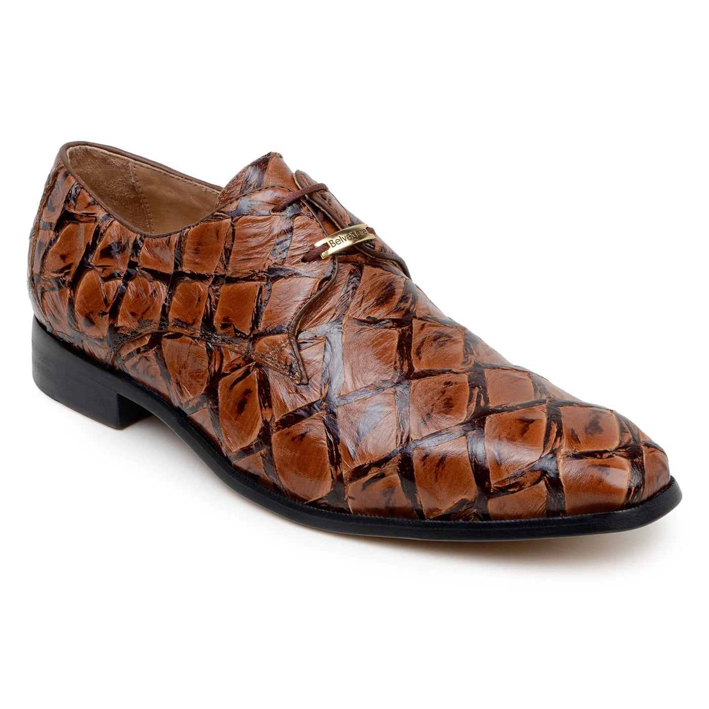 Men's Belvedere Renzo Genuine Pirarucu Lace Up Derby Dress Shoe in Almond Tan