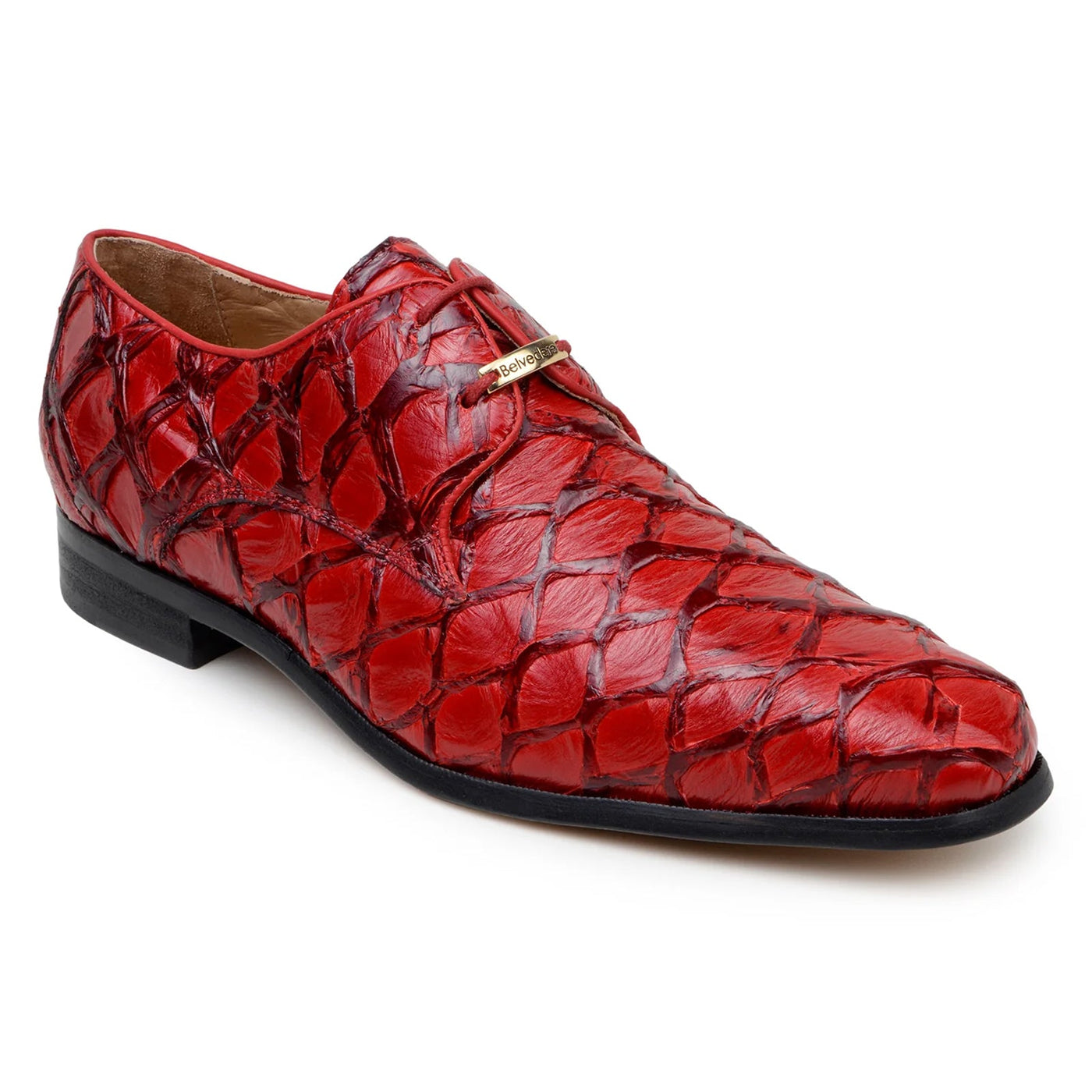 Men's Belvedere Renzo Genuine Pirarucu Lace Up Derby Dress Shoe in Red
