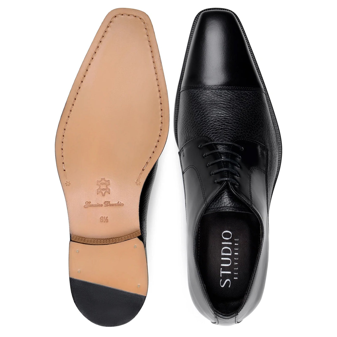 Men's Belvedere Alexander Italian Deerskin & Nappa Leather Cap Toe Dress Shoe in Black