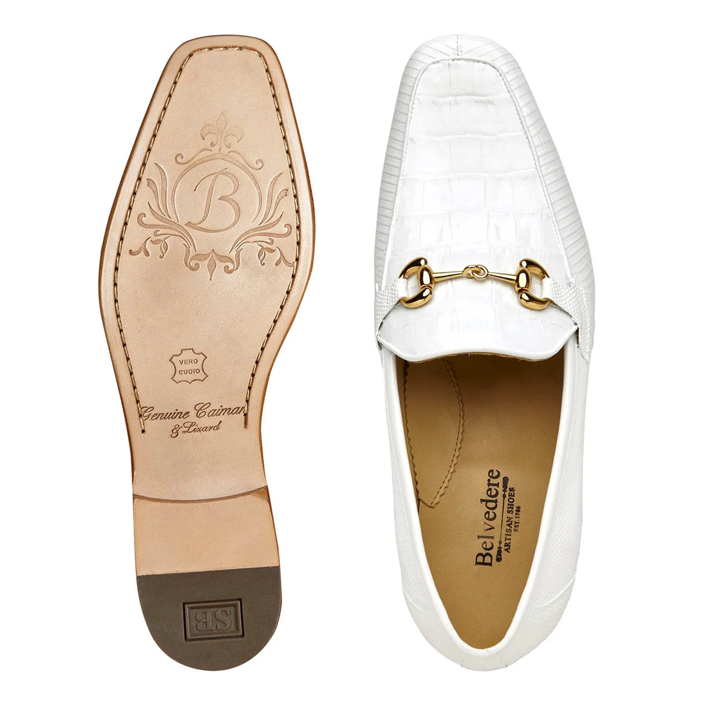 Men's Belvedere Udine Crocodile & Lizard Buckle Dress Loafer in White