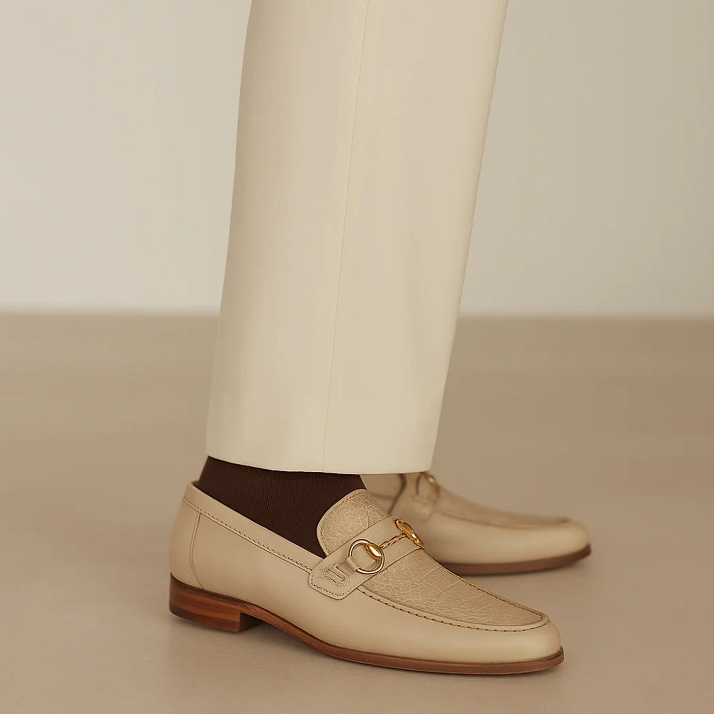 Men's Belvedere Bruno Ostrich Leg & Italian Calfskin Buckle Dress Loafer in Ivory Off White