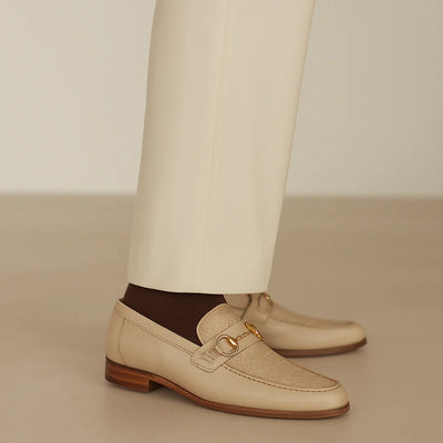 Men's Belvedere Bruno Ostrich Leg & Italian Calfskin Buckle Dress Loafer in Ivory Off White