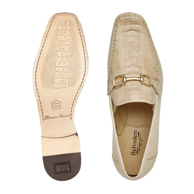 Men's Belvedere Bruno Ostrich Leg & Italian Calfskin Buckle Dress Loafer in Ivory Off White