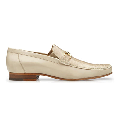 Men's Belvedere Bruno Ostrich Leg & Italian Calfskin Buckle Dress Loafer in Ivory Off White