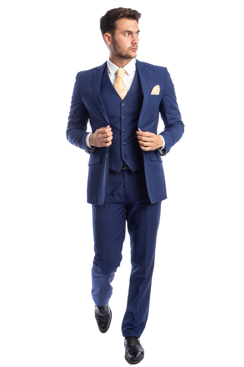 Men's Two Button Basic Hybrid Fit Vested Suit in Indigo Blue