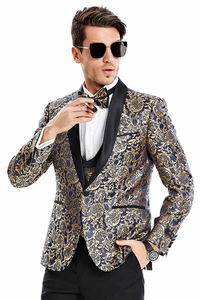 Men's One Button Vested Prom & Wedding Shawl Tuxedo in Navy Blue & Gold Paisley