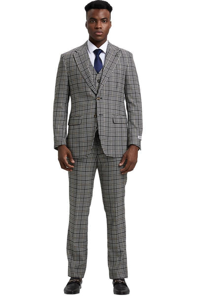 Men's Stacy Adams Vested Modern Fit Houndstooth Glen Plaid Suit in Grey & Green