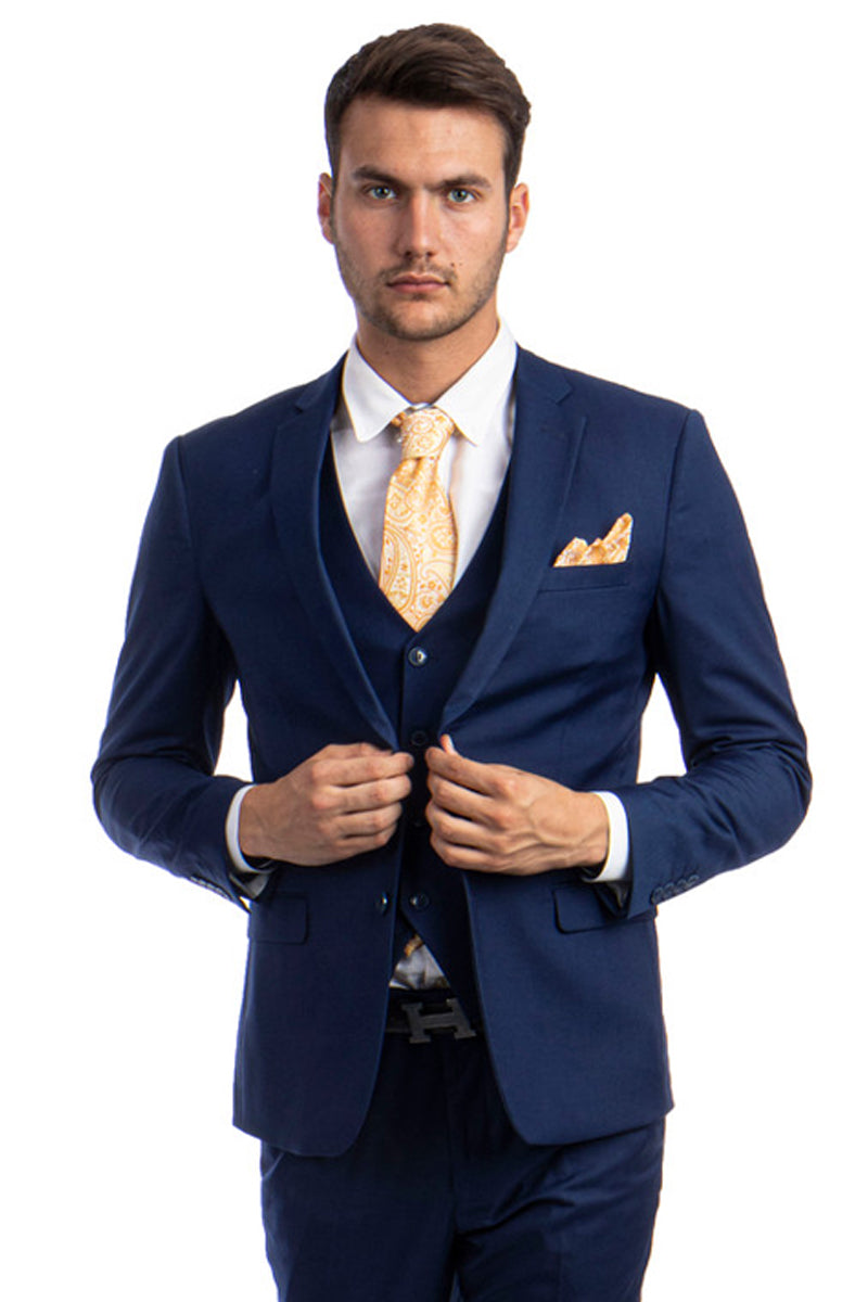 Men's Two Button Slim Fit Vested Solid Basic Color Suit in Indigo Blue