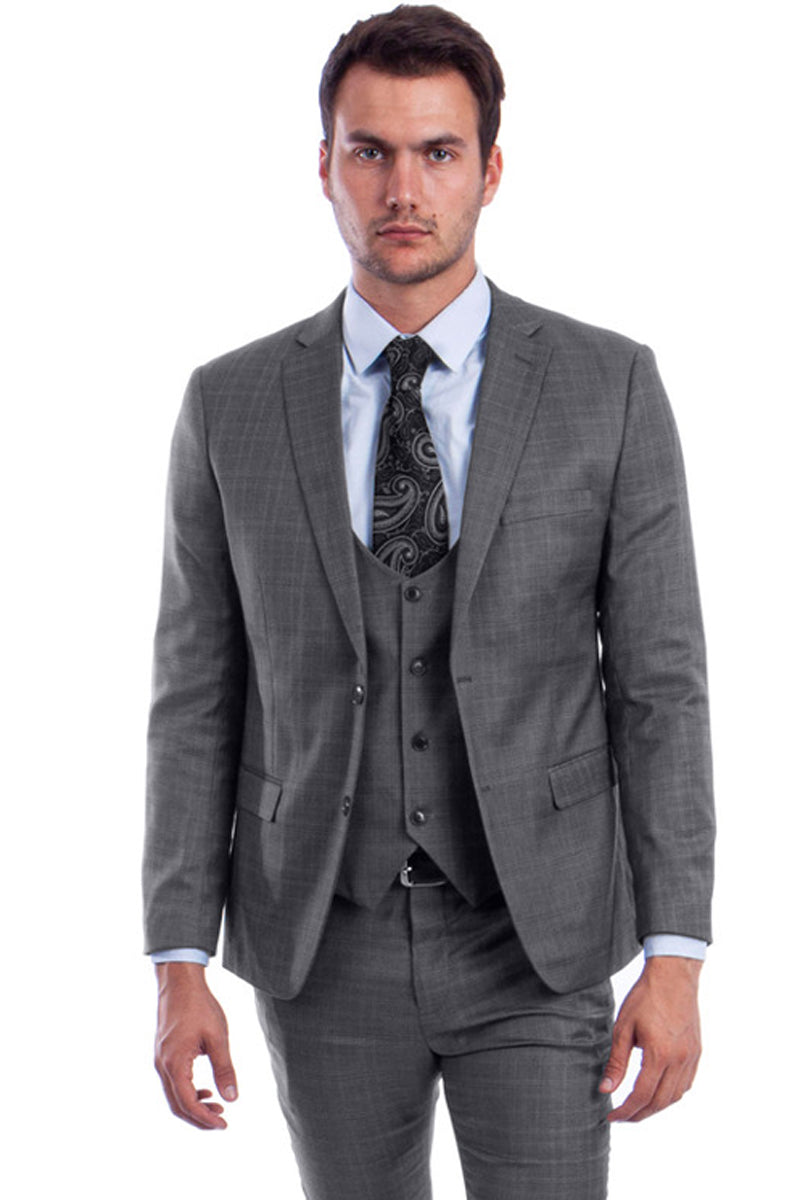 Men's Two Button Vested Skinny Fit Suit with Low Cut Vest in Grey Plaid