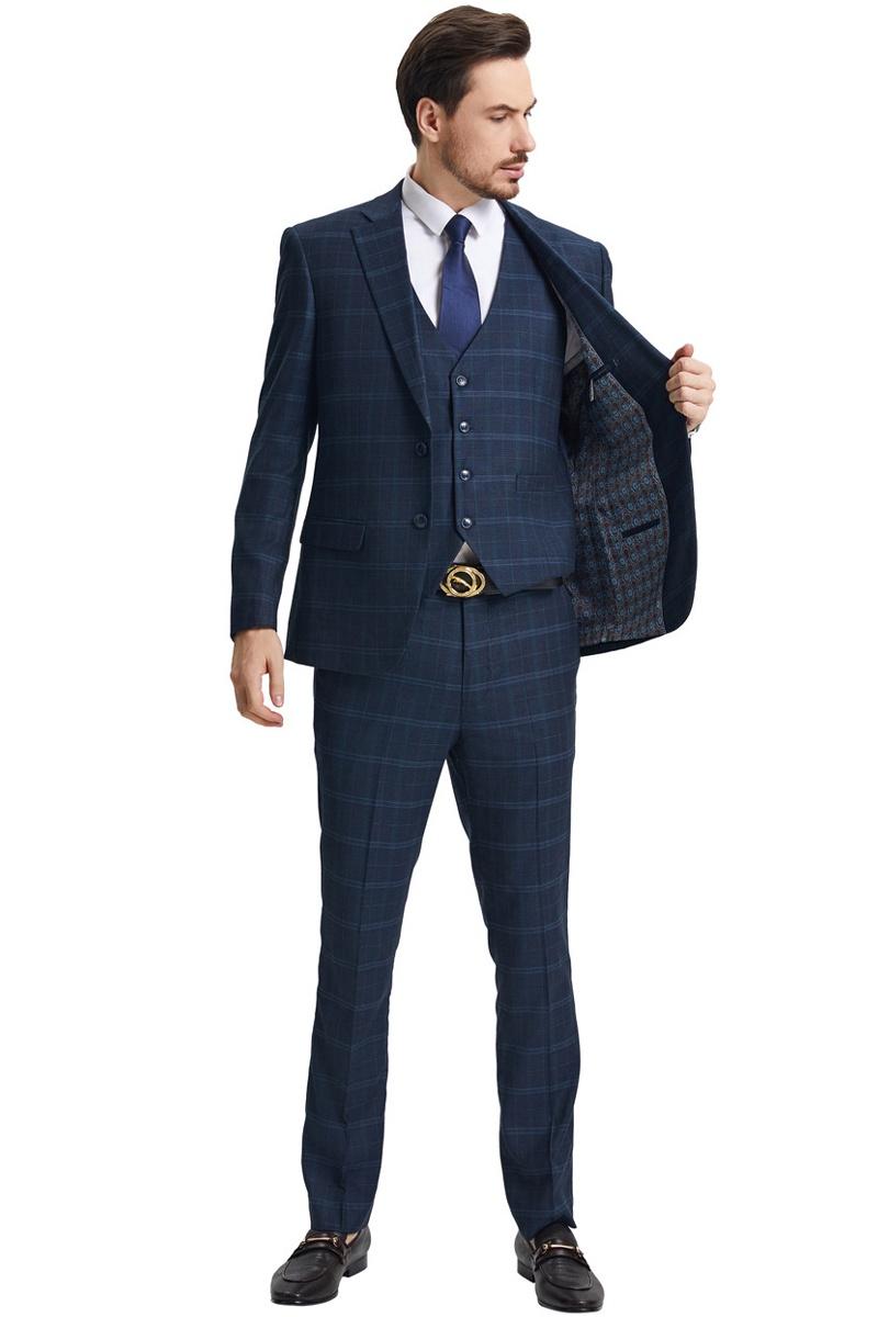 Men's Stacy Adams Vested Modern Fit Windowpane Plaid Suit in Navy Blue