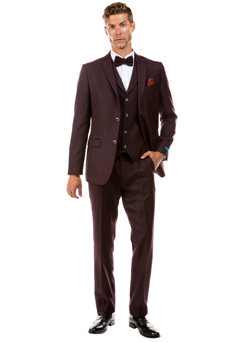 Men's Two Button Vested Vintage Style Tweed Wedding Suit in Burgundy