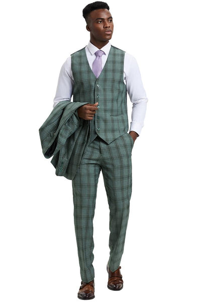 Men's Stacy Adams Two Button Vested Glen Plaid Check Suit in Light Olive Green