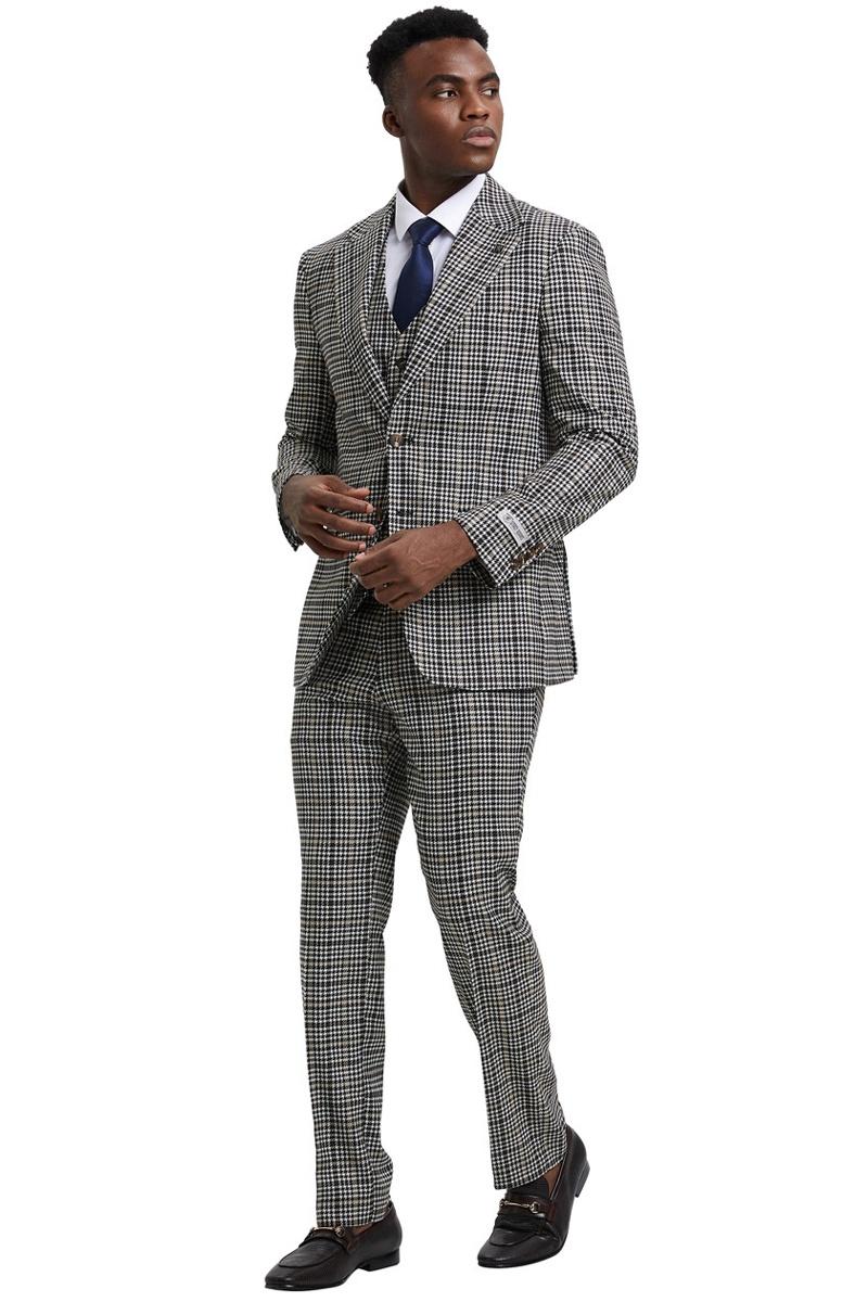 Men's Stacy Adams Vested Modern Fit Houndstooth Glen Plaid Suit in Grey & Green