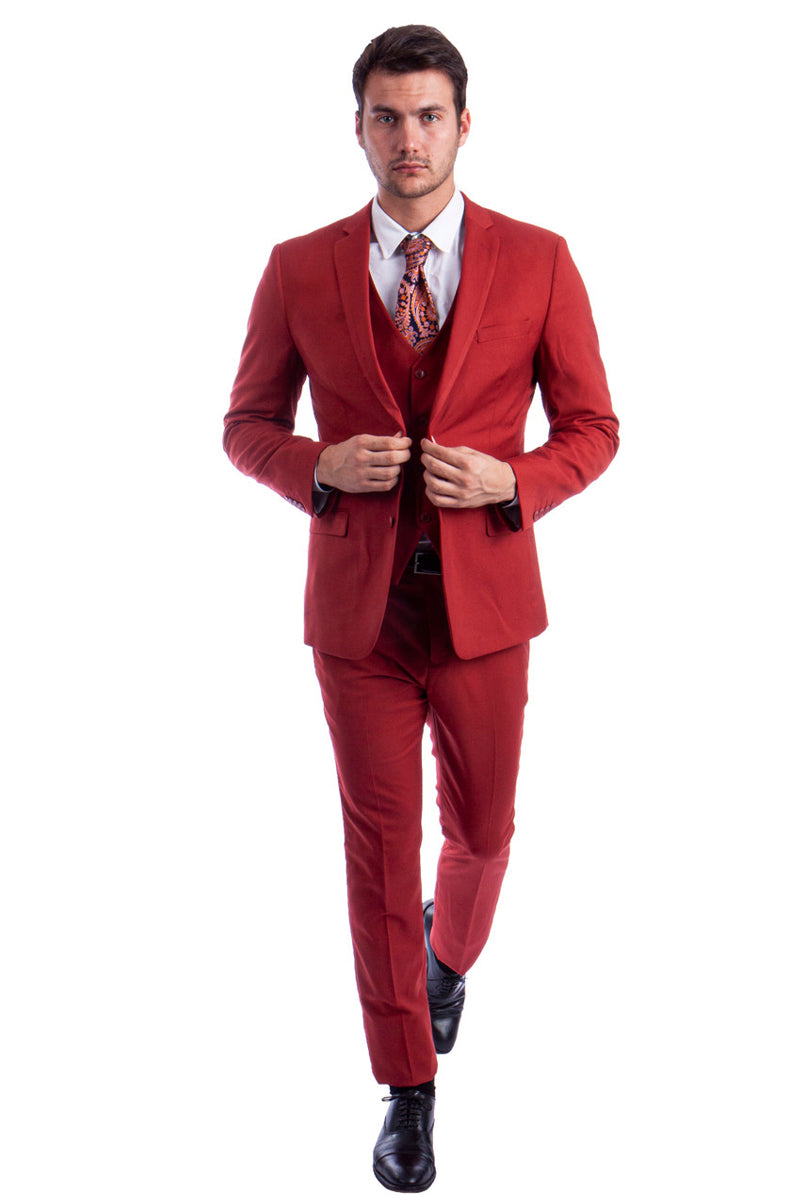 Men's Two Button Slim Fit Vested Solid Basic Color Suit in Brick