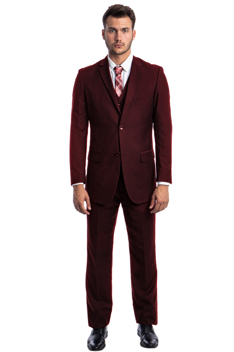 Men's Vested Two Button Solid Color Wedding & Business Suit in Burgundy