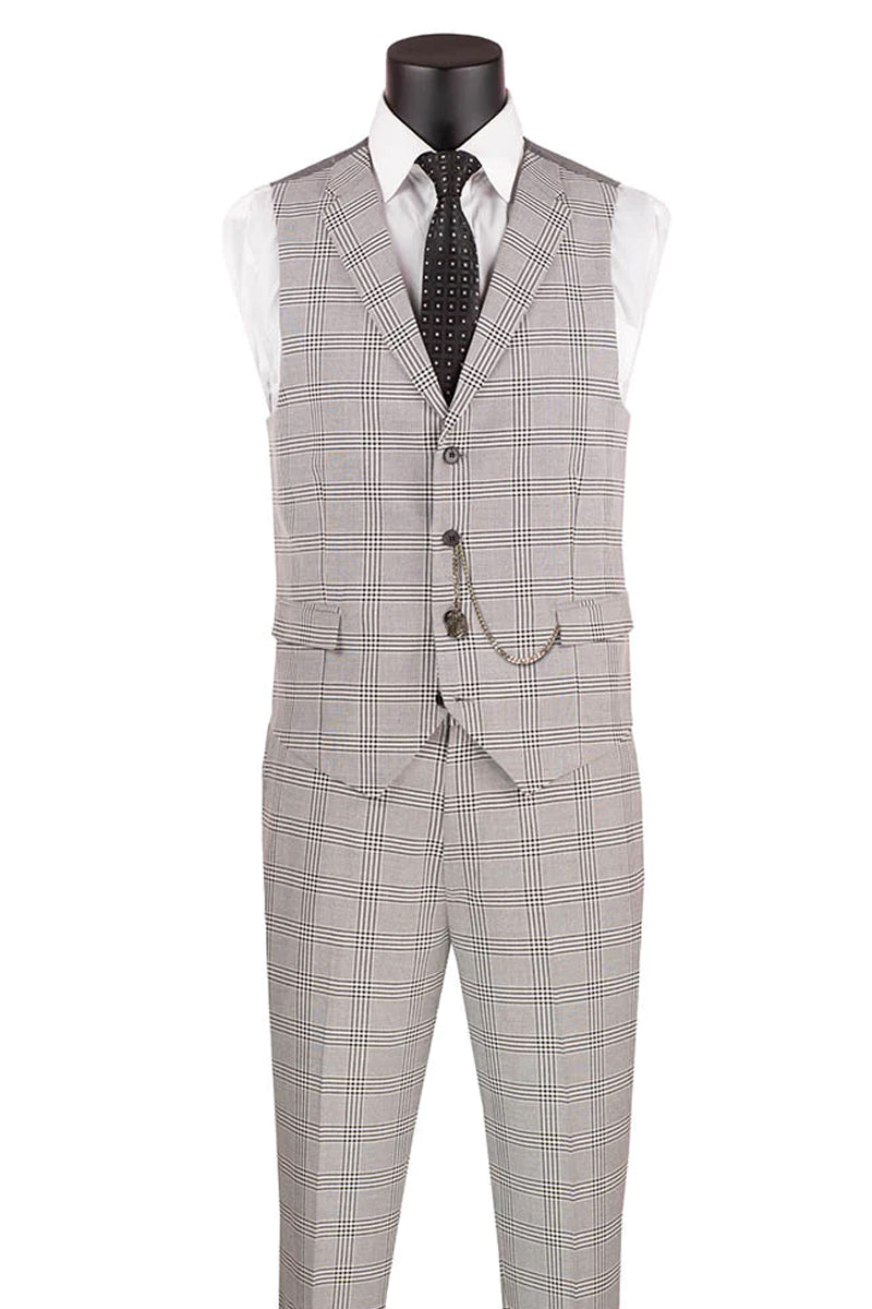 Men's Slim Fit Vested Glen Plaid Summer Business Suit in Light Grey