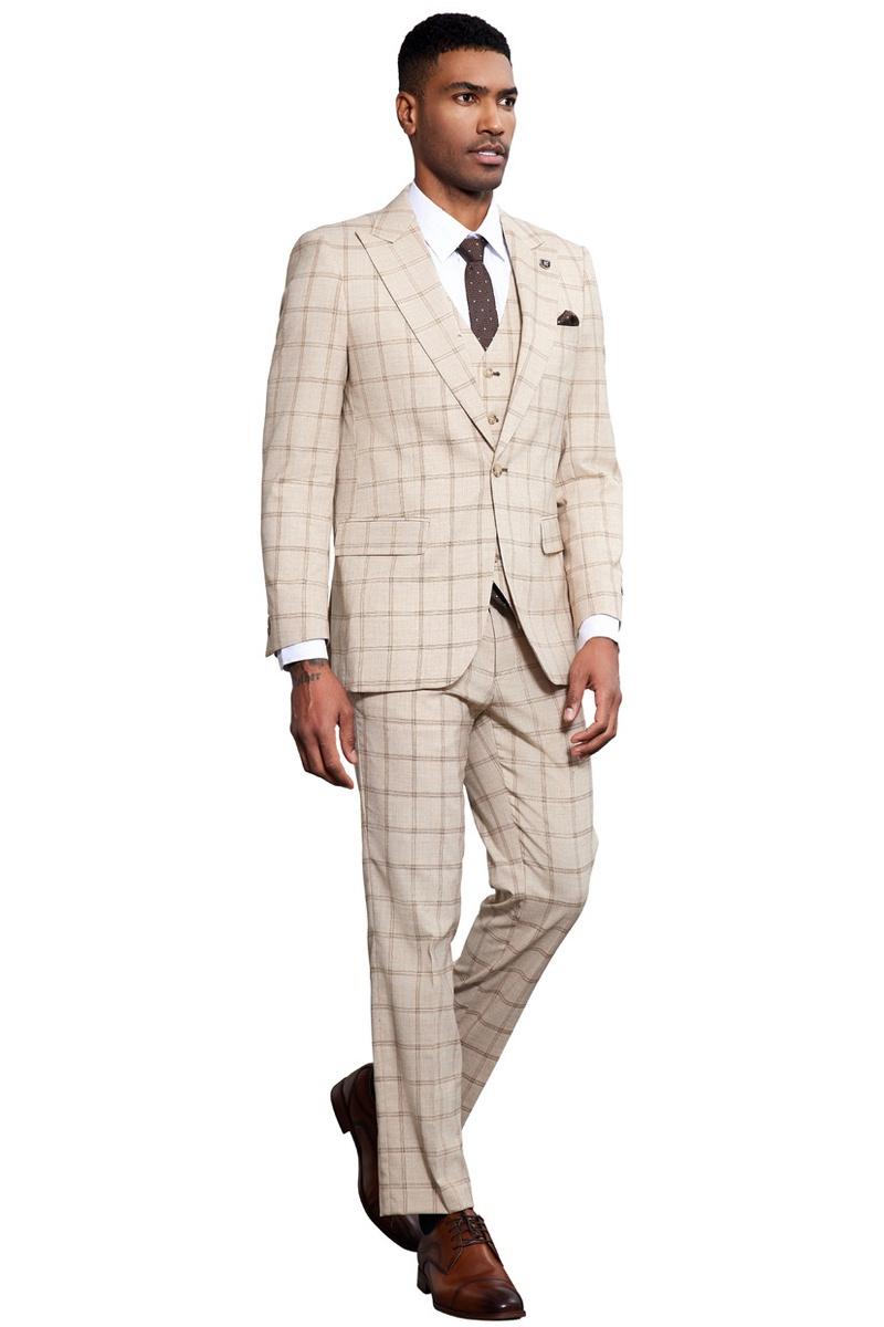 Men's Stacy Adams One Button Peak Lapel Vested Windowpane Plaid