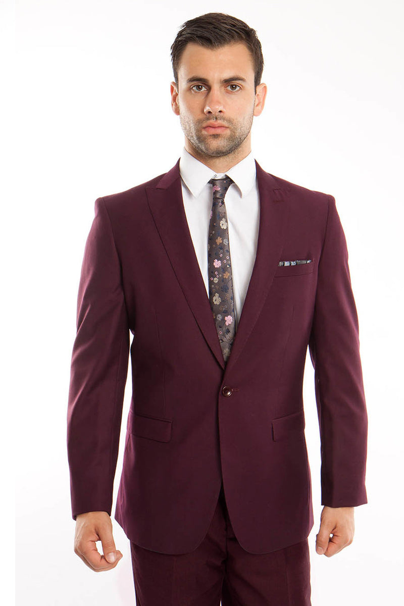 Men's Slim Fit One Button Peak Lapel Suit in Burgundy