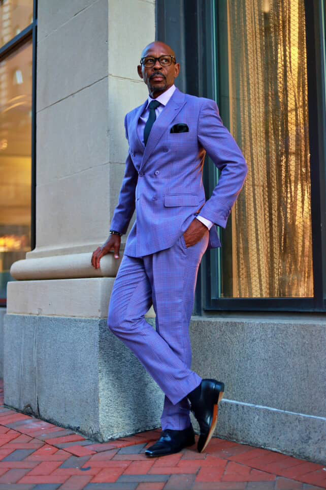 Men's Double Breasted Windowpane Plaid Suit in Light Purple