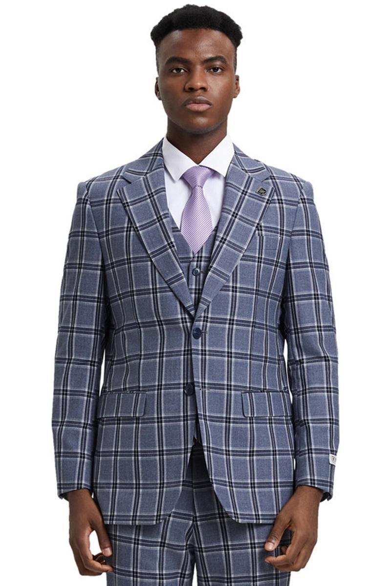 Men's Stacy Adams Two Button Vested Glen Plaid Check Suit in Grey