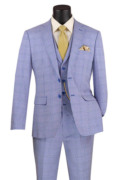 Men's Slim Fit Vested Glen Plaid Summer Business Suit in Sky Blue