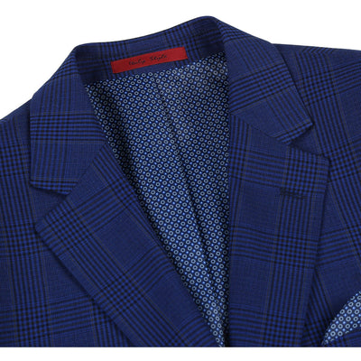 Mens Two Button Classic Fit Sport Coat Blazer in Dark Navy Blue Windowpane Plaid